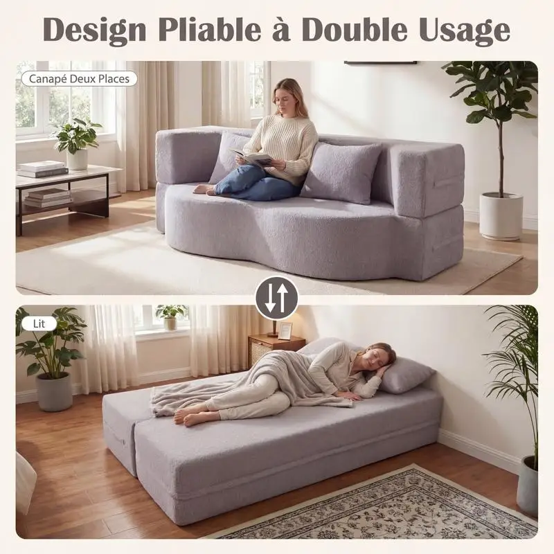 Canapé-lit pliant 192,5 cm, convertible 2-en-1 en tissu polaire Teddy avec 2 coussins, aucun assemblage ni cadre requis, canapé rembourré confortable Greysoft pour salon, appartement, maison, usage quotidien, repos et décoration