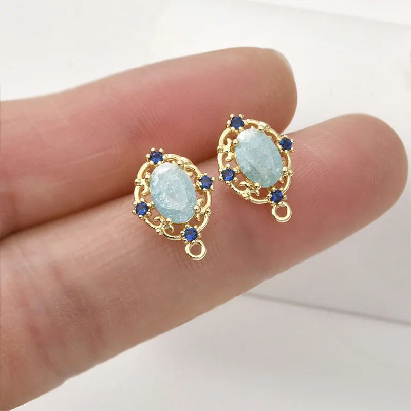 High Texture 14k Golden Sea Ice Blue Crack Oval with Hanging Silver Needle Earrings DIY Handmade Ear Jewelry Accessories Materia