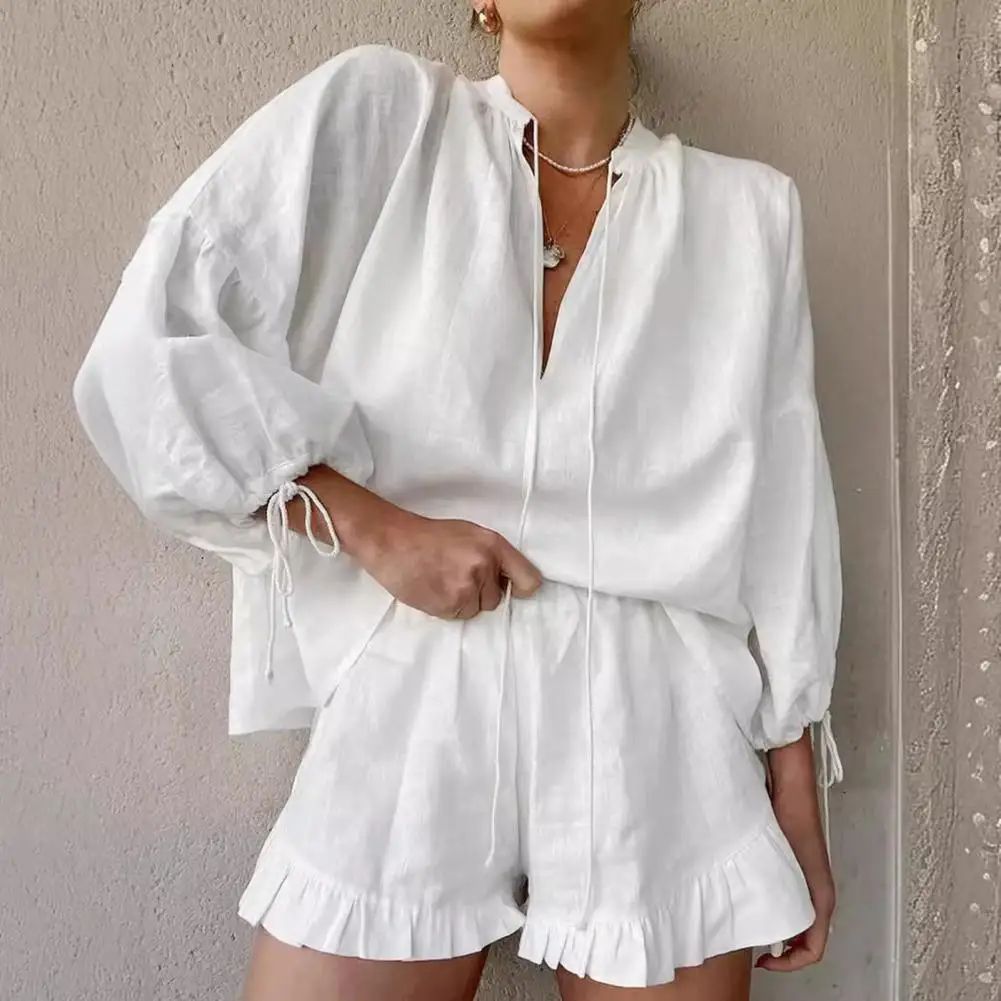 White Women\'s Summer Suit with Shorts Cotton Loose Shirt Casual Two Piece Set Women Long Sleeve Top Muslin Suit for Women