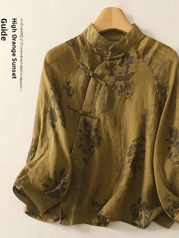 

Свободный крой в стиле ретро с цветочным принтом, повседневная женская футболка большого размера, четверть Све, открытый кардиган с воротником-стойкой на пуговицах, топ