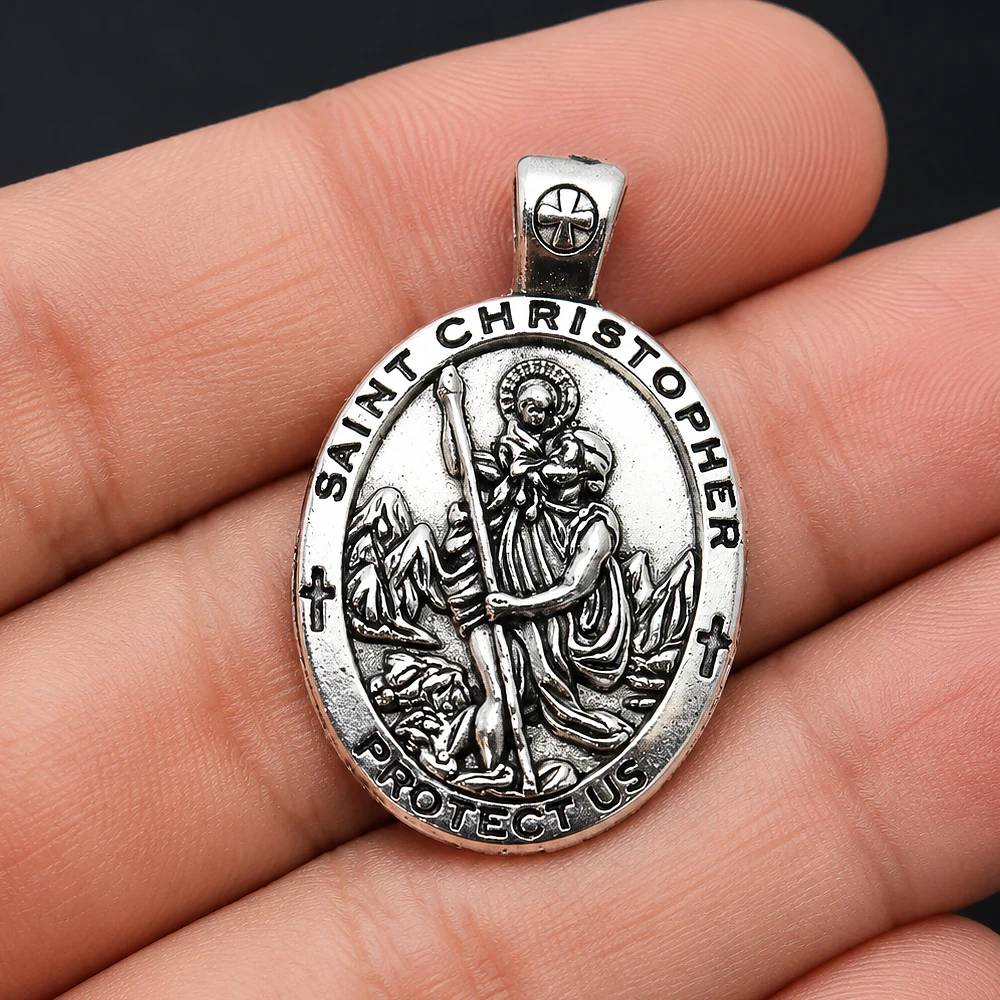 4PCS Vintage St Christopher Medal Pendant  Catholic Patron of Travelers Religious Protective Amulet DIY Jewelry Making Accessory