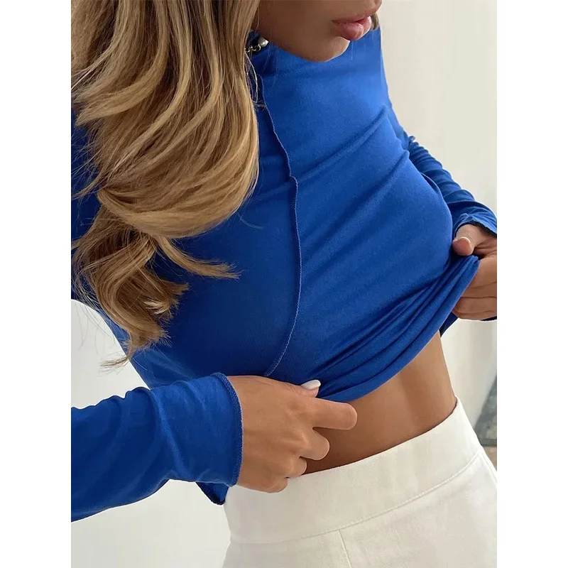 تي شيرت Y2K بأكمام طويلة ورقبة عالية لعام 2025 للنساء، قميص أبيض للخريف والشتاء كاجوال أسود أساسي رمادي مثير، موضة 90s ريترو