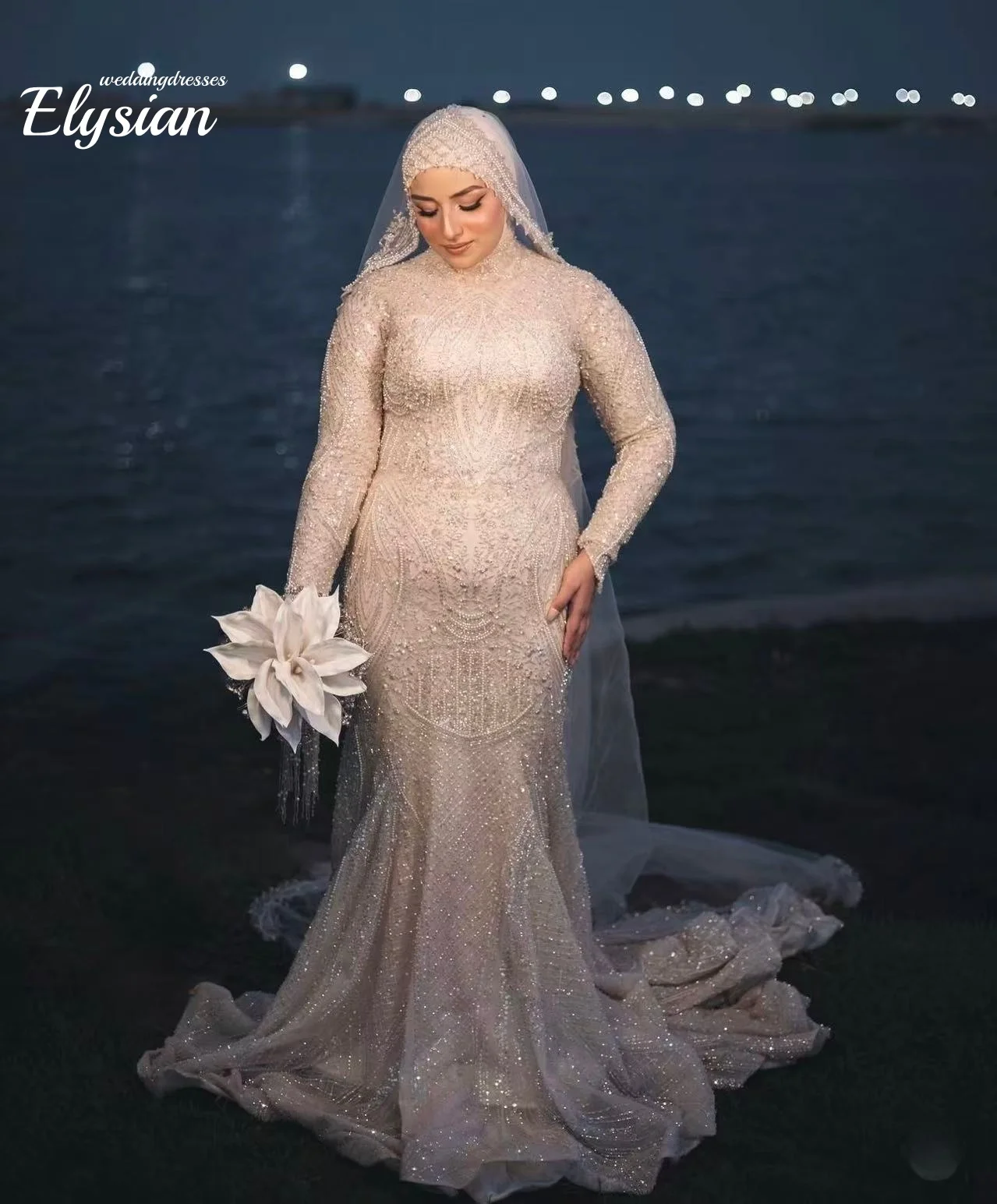 Robe de soirée arabe personnalisée, col haut, manches longues, paillettes, grande taille, style sirène, robes de bal de mariage