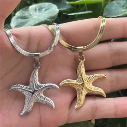 Gold Color Plated Blade Chain Starfish Pendant Necklace Stainless Steel High Quality Men's Women's Choker Jewelry Accessories