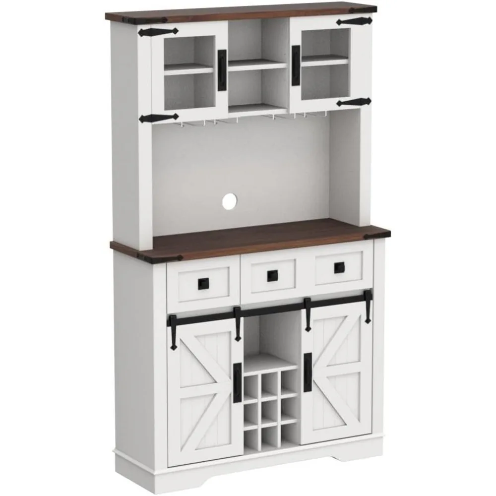 Mueble de bar de granja de 72" con puerta corrediza de granero, buffet de cocina grande con aparador con estante para vino y vasos, 3 cajones, 12 almacenamiento