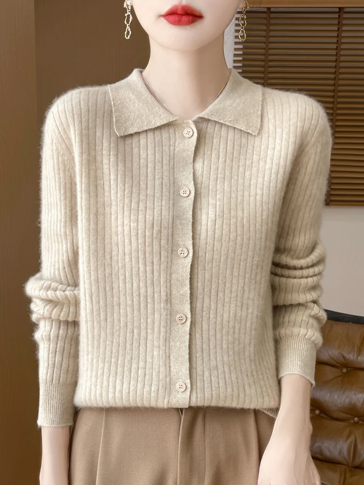 Autumn Winter Women New 100% Merino Wool Sweater Cashmere Polo Collar Cardigan Vertical Stripes Knitwear Bottoming Clothing Tops