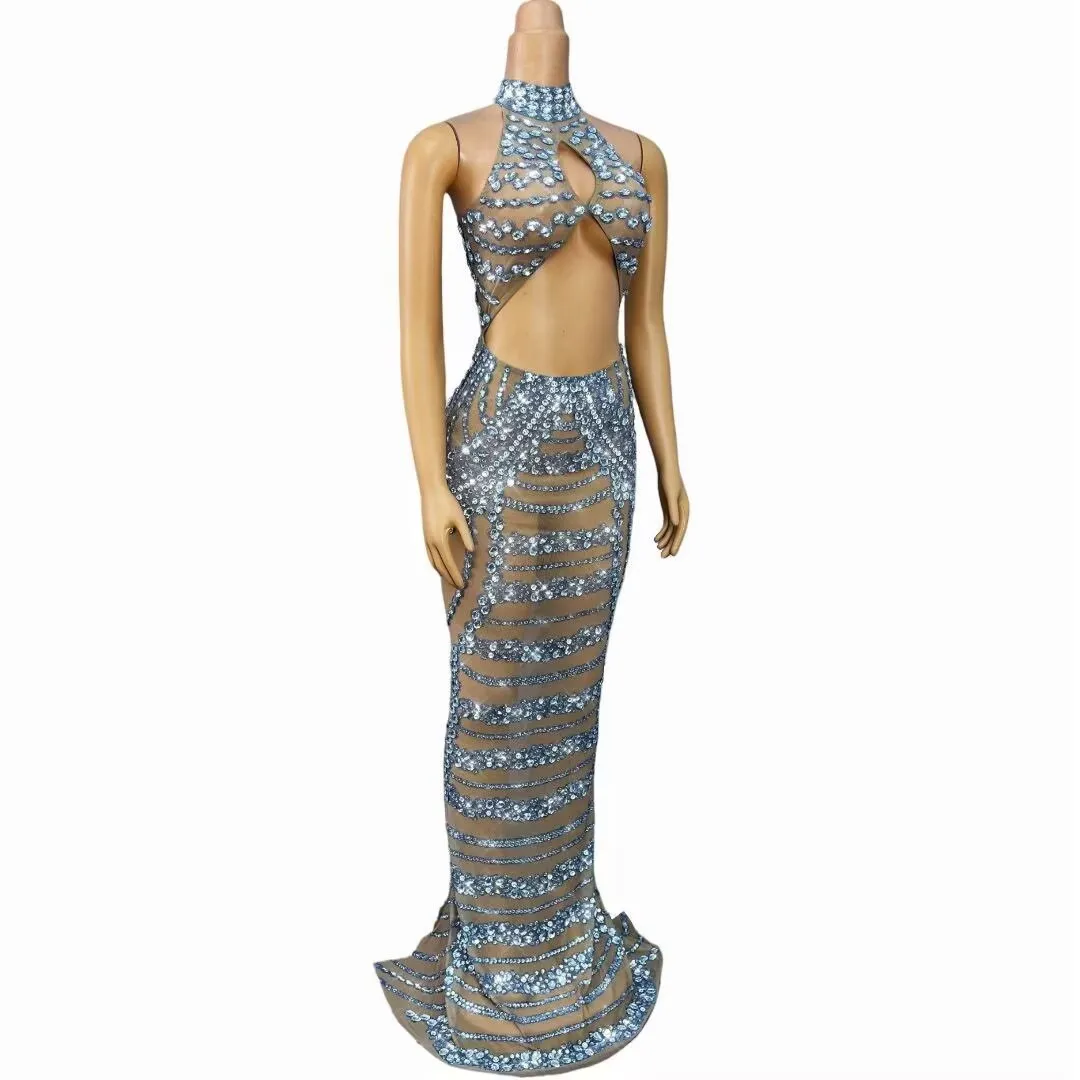 Luxurious Shining Rhinestones Sexy Nude Mesh Hollow out Dress Women Birthday Evening Prom Gowns Show Red carpet Stage Wear view 4