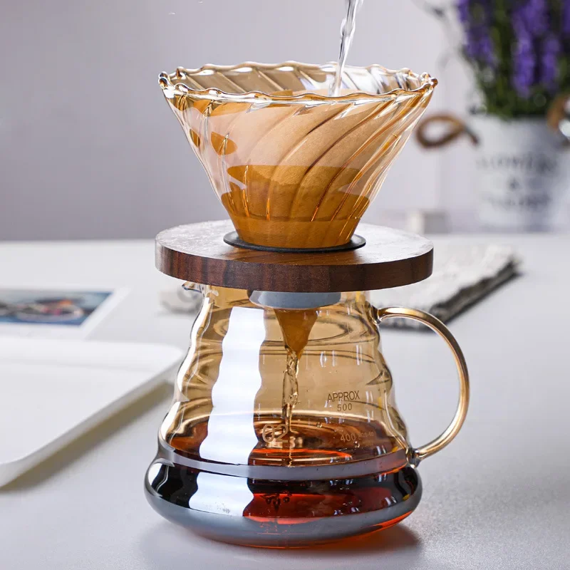 

Electroplated Coloured Glass Cloud Jug Set Household Sharing Pot Coffee Filter Mug with Black Walnut Wooden Tray Coffee