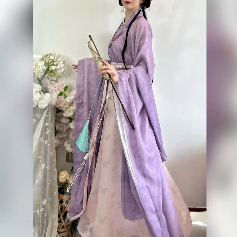 YF15 Hanfu Female Adult South and North Dynasties Collar Wide Sleeve Waist Eight Broken Skirt Elegant Spring Autumn New Style