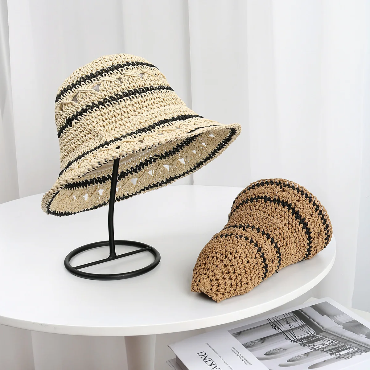 Neuer Sommer-Strand-Fischerhut für Damen, atmungsaktiv, breite Krempe, faltbar, gestreift, Bucket Hat, Sonnenschutzkappe für Damen, Outdoor, Partygeschenk