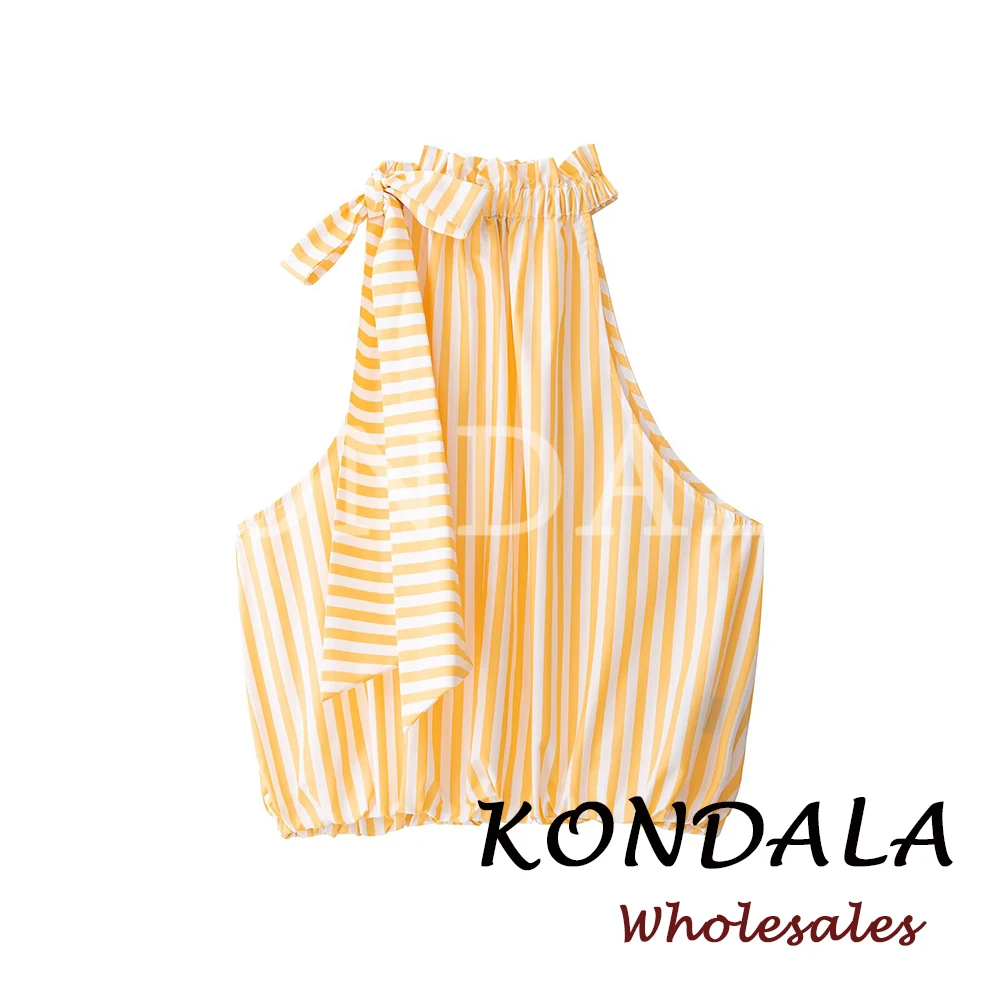KONDALA Schickes, sexy gestreiftes Damen-Tanktop – Modisches Sommer-Oberteil 2026 mit Schleife, ärmellose Weste, Falten, elegant, gelb, lässig