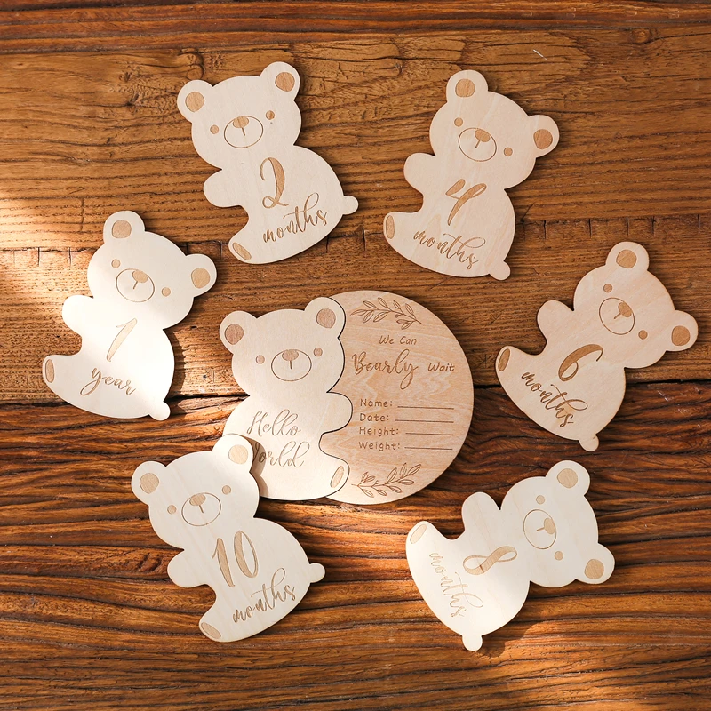 Accessories Baby 1Set Wooden Baby Month Milestone Card Newborn Cartoon Hug Bear Photography Prop Decoration Growth Souvenir Gift