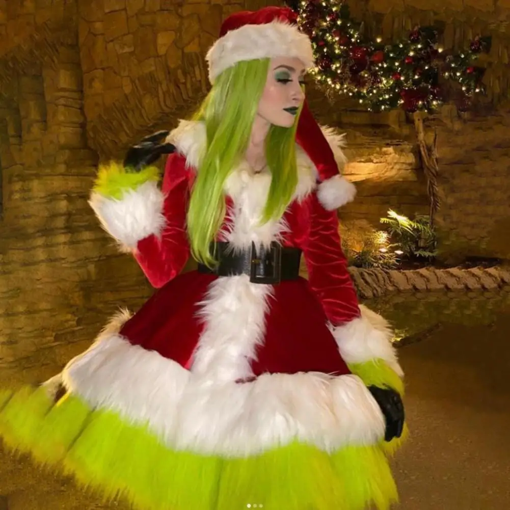 Conjunto de trajes y sombrero de señora Claus, disfraz de Papá Noel peludo de terciopelo, vestido de Navidad para mujer, ropa de señora Claus para fiesta de Navidad, Cosplay