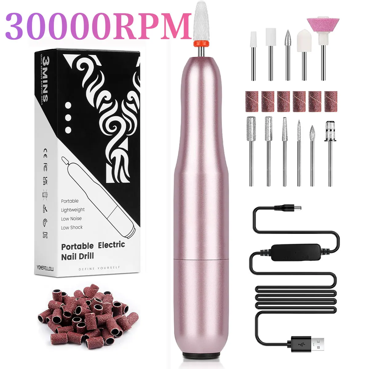 YOKEFELLOW 30000RPM Nail Drill Machine USB Nail File Polishing Pen For Manicure Nail Sander Nail Drill Pen Manicure Tool 2024