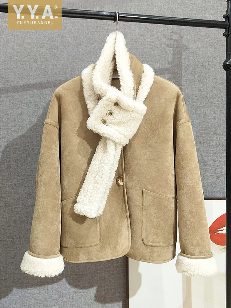 

Winter Fashion Women Apricot Loose Fit Thicken Warm Single Breasted Suede Fur Jacket O Neck Wool Loose Female Casual Outerwear