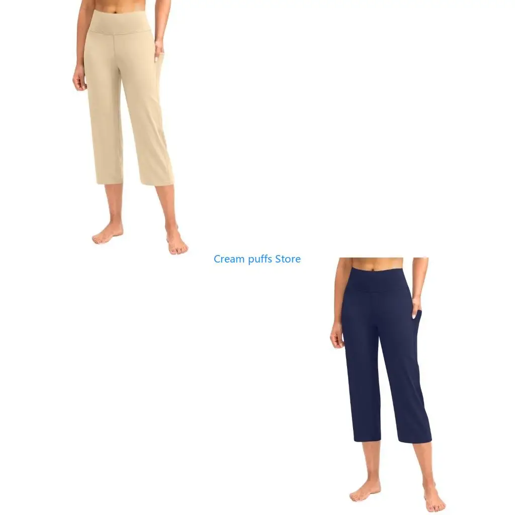 50LE High Waist Leggings Crop Straight Leg Athletic Exercise Workout Capris Women