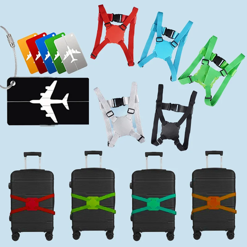 Multi-Color Luggage Straps + Airplane-Patterned Luggage Tag Set: Elastic Straps for Suitcase/Backpack Reinforcement and Anti-Opening Protection + Luggage Identification Tags for Easy Identification during Check-In. Suitable for Airport Check-In, Long-Distance Travel, Student Return to School, Business Trips, Etc. a Must-Have for Travel Enthusiasts, Commuters, and International Students to Reduce Luggage Burden (Strap Can Be Extended up to 240cm + High Elasticity to Fit Various Types of Luggage)