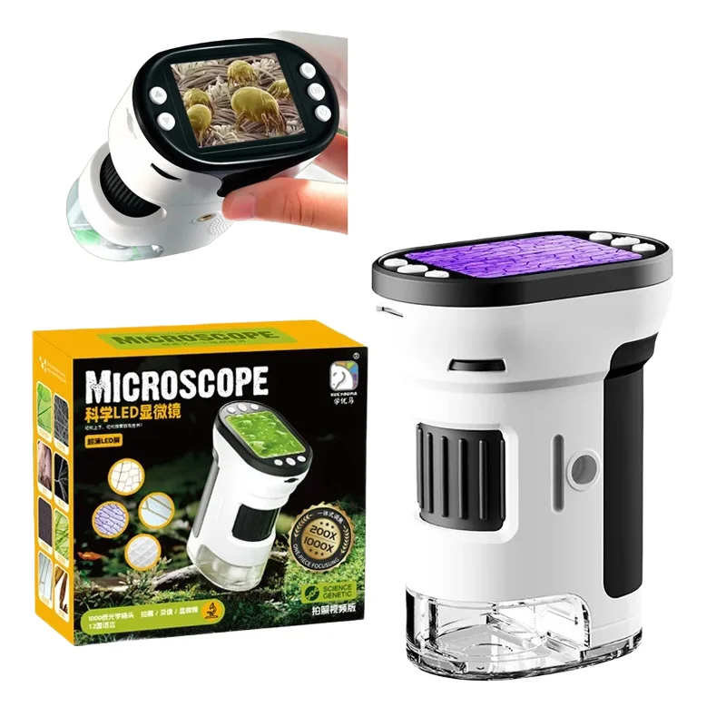 Kit biológico de microscópio infantil, lupa 1000x 200 megapixels com função de foto e vídeo led, brinquedo educacional, ciências para crianças