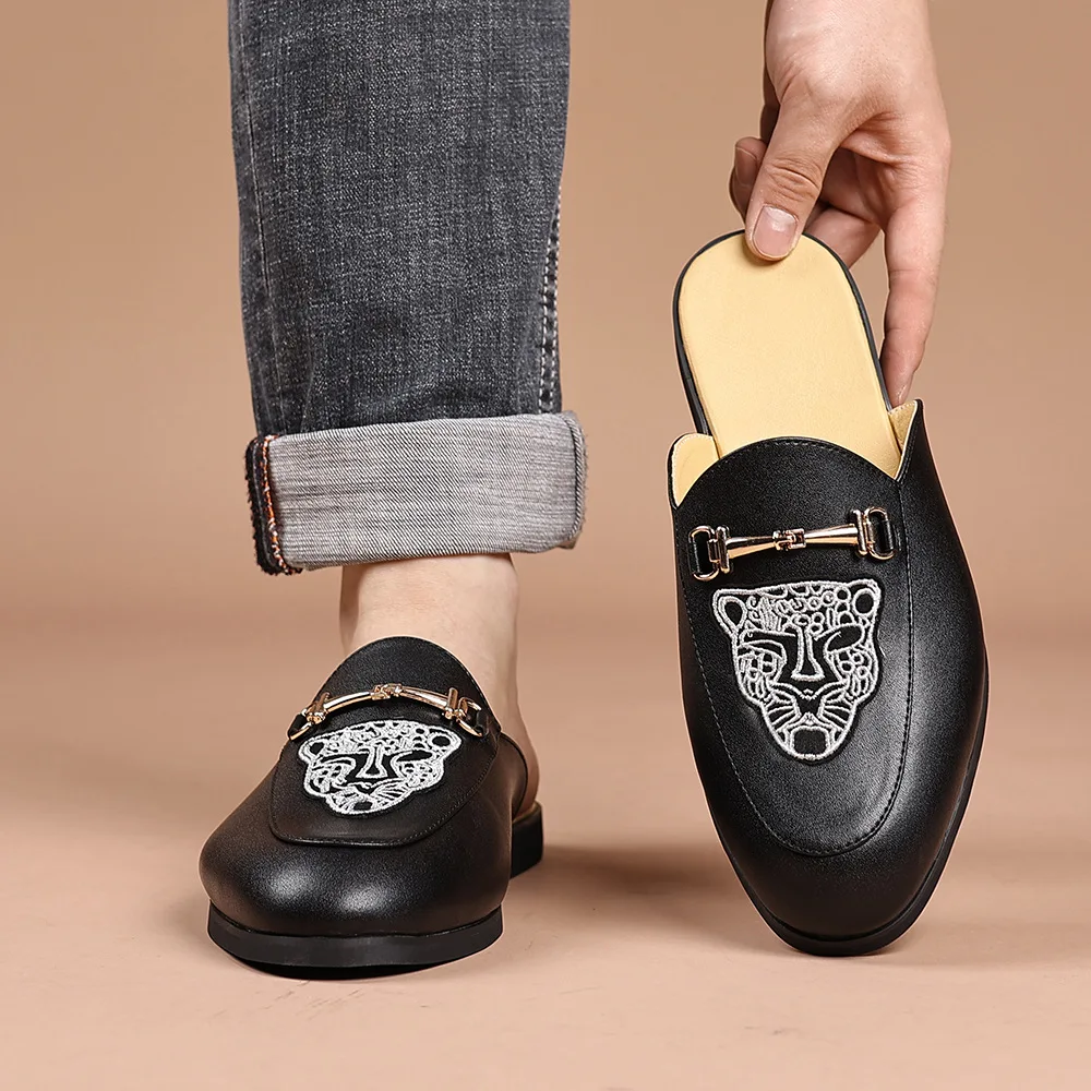 

Summer Men Black Half Shoes Breathable Slip-on Loafer Slippers Man Outdoor Buckle Mules Lightweight Anti-slip Comfy Casual Shoes