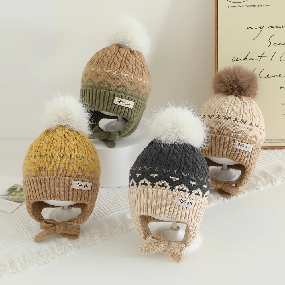 

New Winter Knitted Baby Hat for Girls Boys Outdoor Warm Pompom Ball Hat for Kids Soft High Quality Toddler Ear Protection Cap