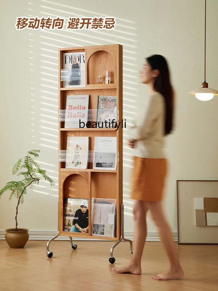 Full-Length Mirror Cherrywood Movable Magazine Bookshelf Rotatable Book Mirror Vintage Dressing Fitting Floor Mirror