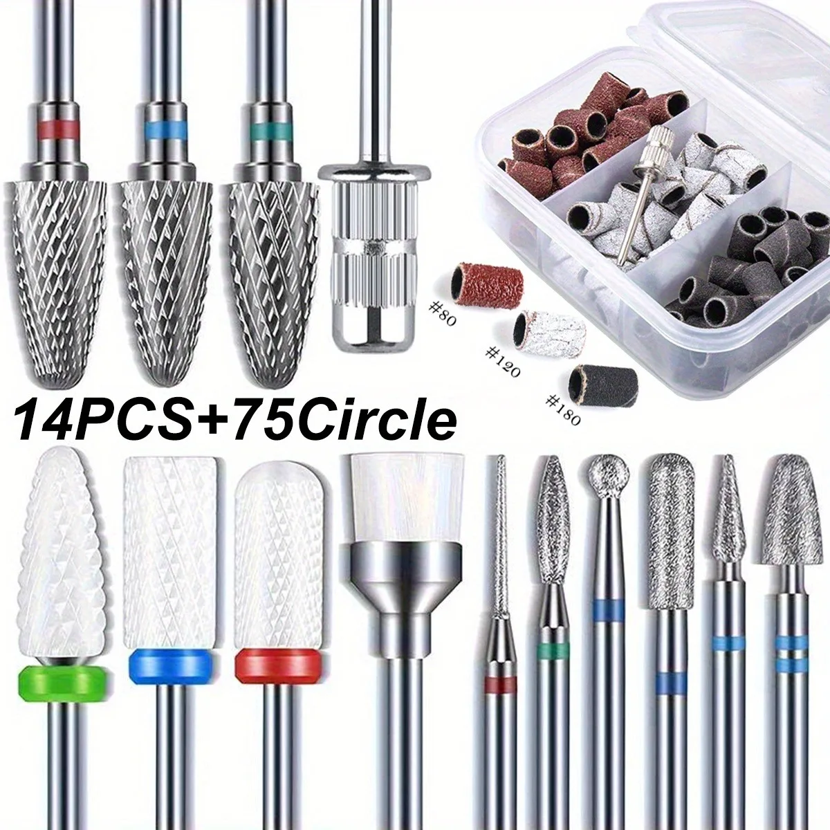 

14Pcs+75Pcs Caps Sanding Bands 180/120/80 Grit Professional Tungsten Steel Ceramic Nail Drill Bit Set Electric Manicure