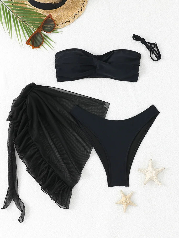 

Сексуальные бикини без бретелек для женщин, раздельный купальник, пляжное бразильское бикини 2026, новинка, всесезонное, с открытой спиной, сетчатая юбка, комплект из 3 предметов