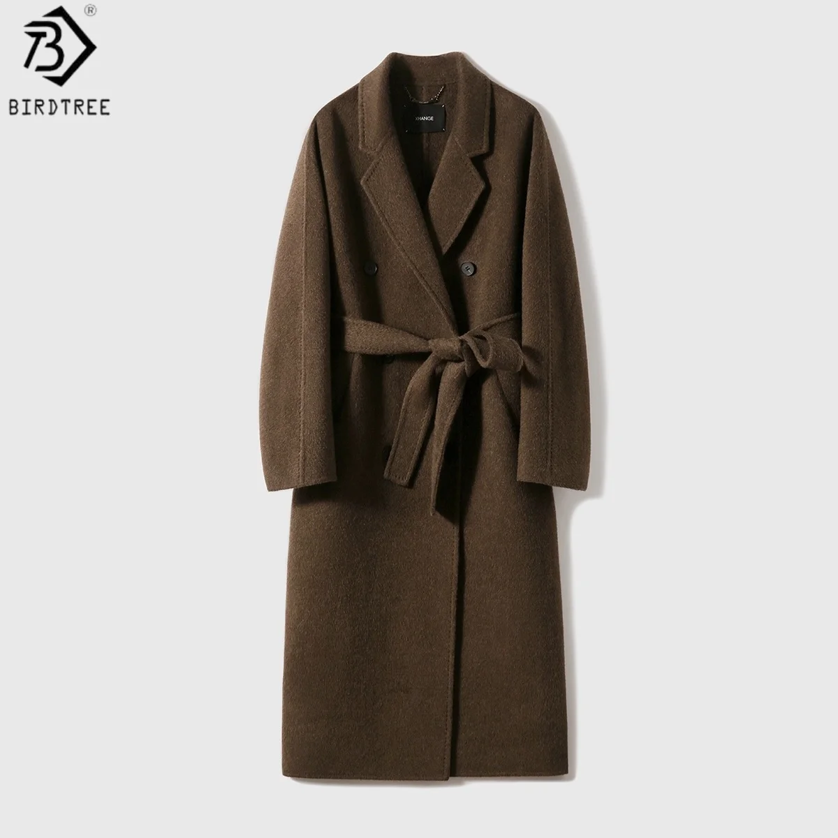 

Birdtree 85% овечья шерсть 5,7% шелковое пальто с поясом, женское модное двустороннее шерстяное длинное пальто с лацканами, осень-зима 2025 T59835JF