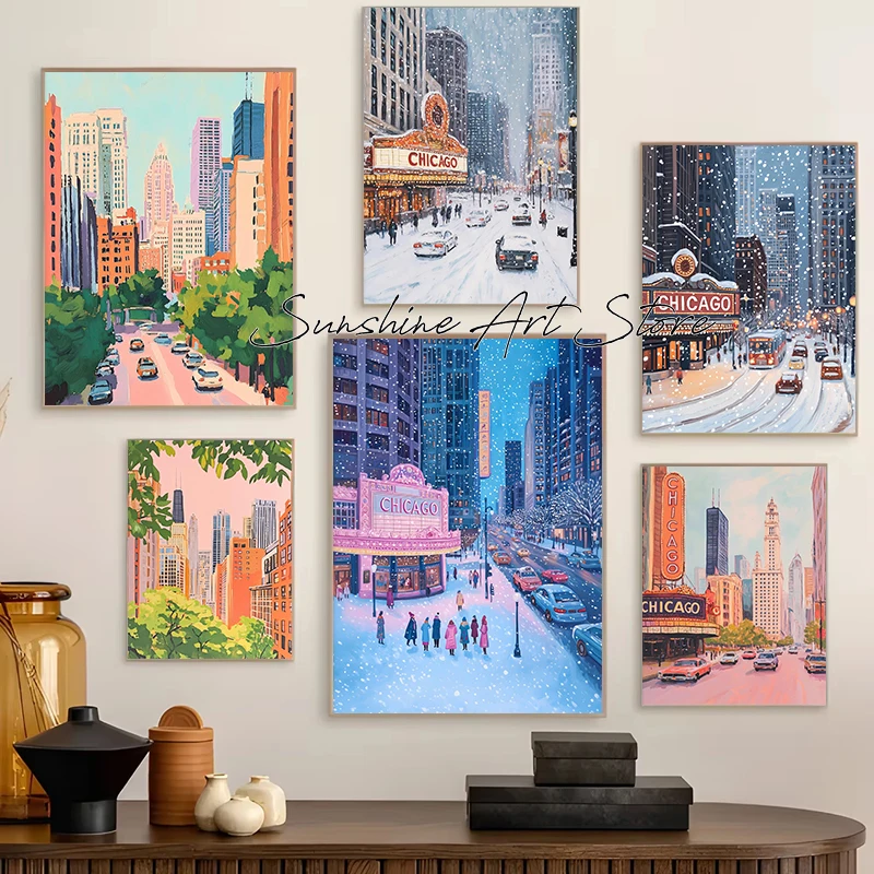 Retro Chicago Skyline Fauvism Cityscape Travel Retro Winter Chicago Ice Skating Poster Canvas Painting Wall Pictures Home Decor