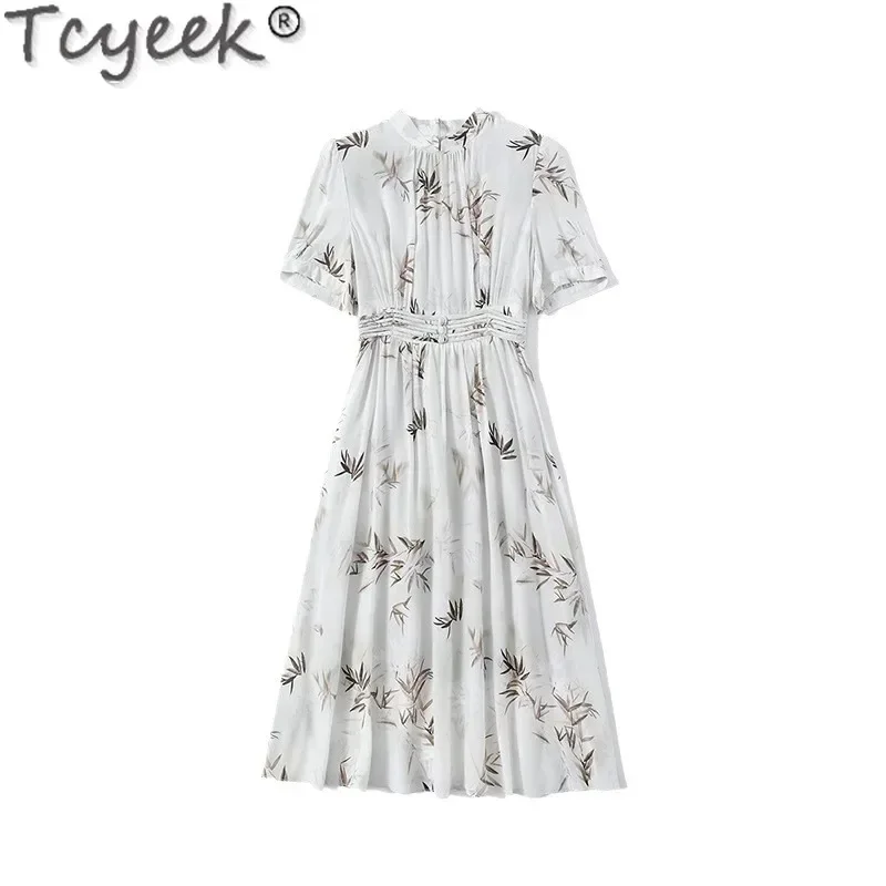 100% Tcyeek Mulberry Real Silk for Women Summer Clothes 2024 Elegant and Pretty Women's Dresses Stand Collar Print Dress