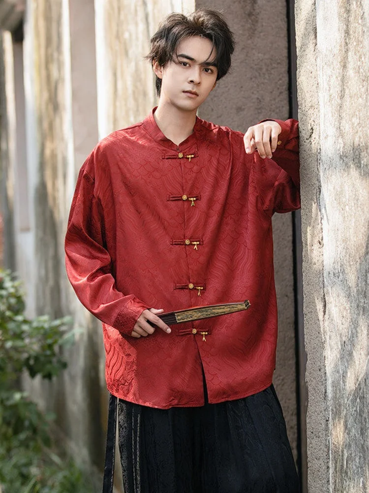

Silk irt Men's High-End Embroidered Button up Autumn Winter New Chinese Sle Outerwear Tang Suit Hanfu Trendy Loose Fit Lo...