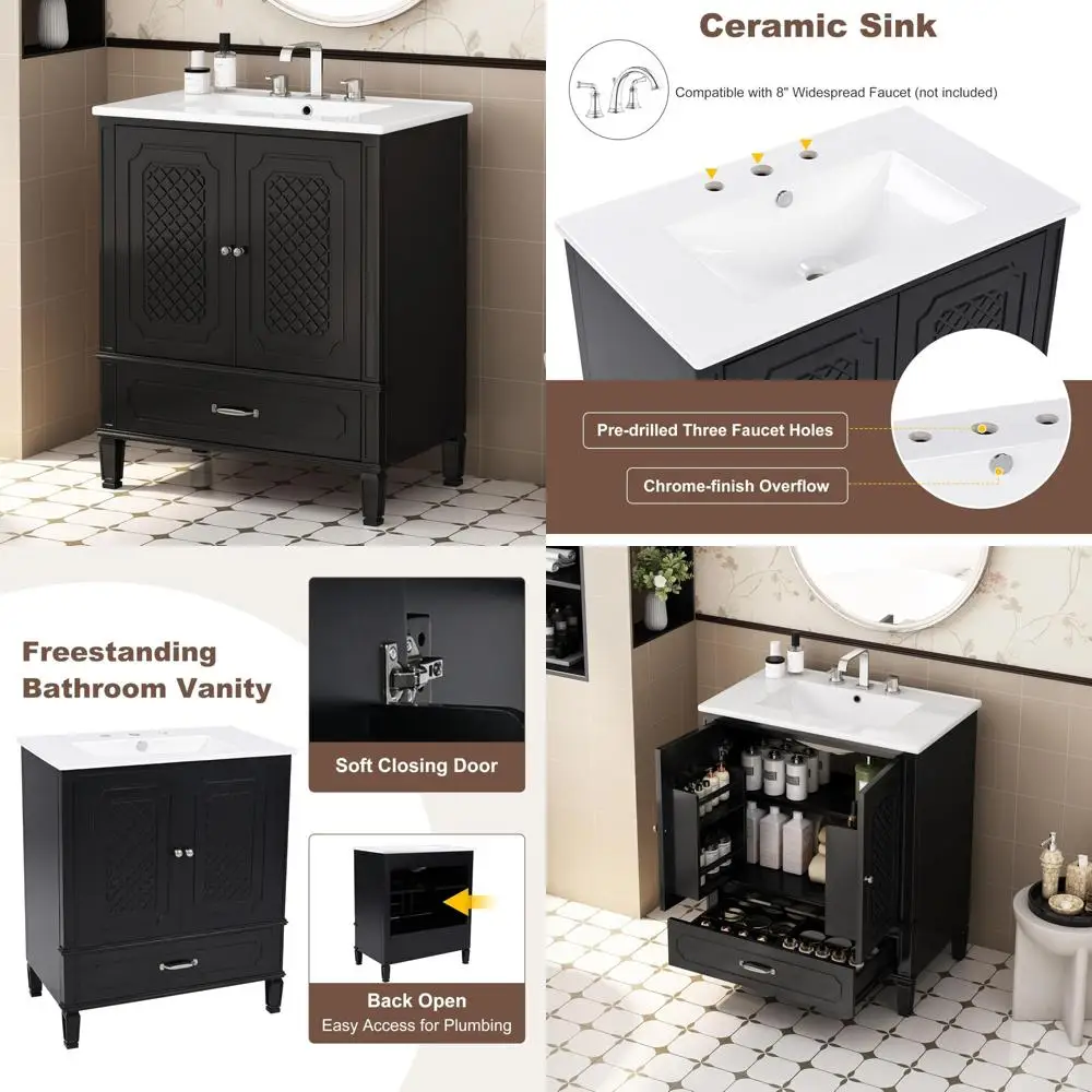 

30-дюймовый керамический туалетный столик для раковины с 2-дверным шкафом для хранения и ящиком, черный