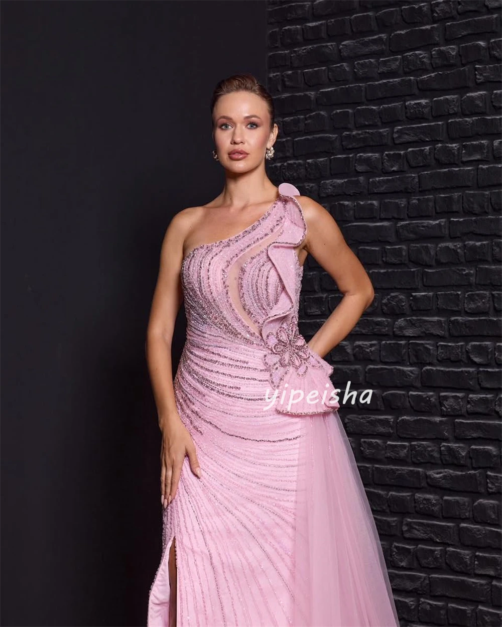 Sukienki koktajlowe syreny z tiulu, zdobione cekinami i koralikami, szyte na miarę, wykwintne, eleganckie, z jednym ramieniem, długie sukienki wieczorowe.