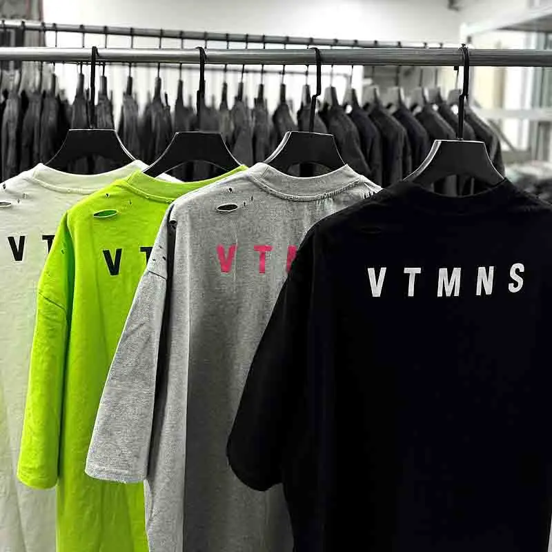 2025 Summer VT Logo Printed Women Men Oversized T shirts tees Hiphop Ripped Broken Hole Men Casual Cotton T shirts