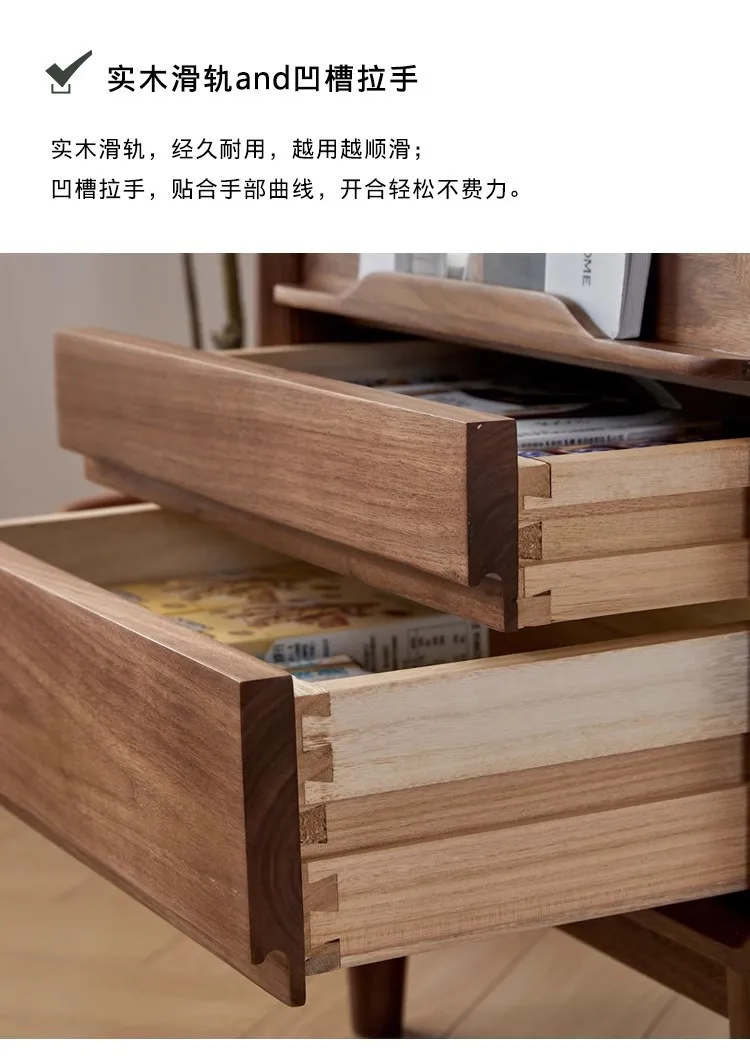 Black walnut solid wood bookcase, flip-door TV sideboard, sideboard with glass storage, sofa sideboard