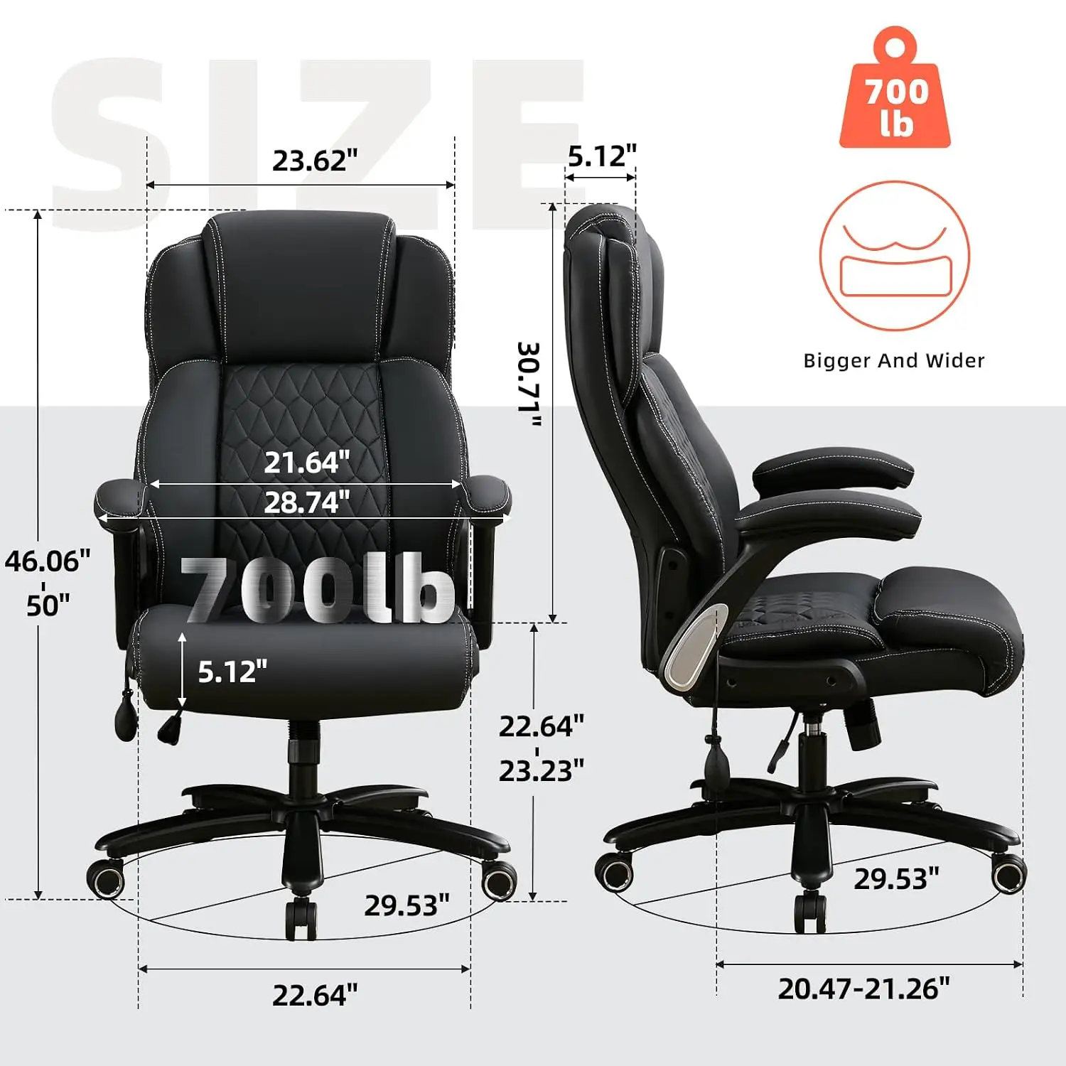 Heavy Duty Office Chair 700lbs, Inflatable Lumbar, Wide Seat, Flip Arms, Metal Base & Rubber Wheels, Ergonomic High Back, Custom