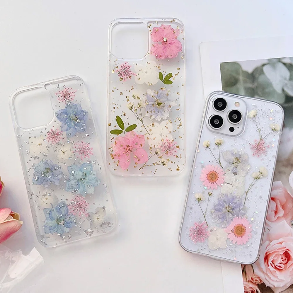 for iPhone 15 14 13 12 11 Pro Max Mini XS XR SE 7 8 6S Plus Case Real Dry Flower Glitter Clear Epoxy Cute Cover Shockproof Shell