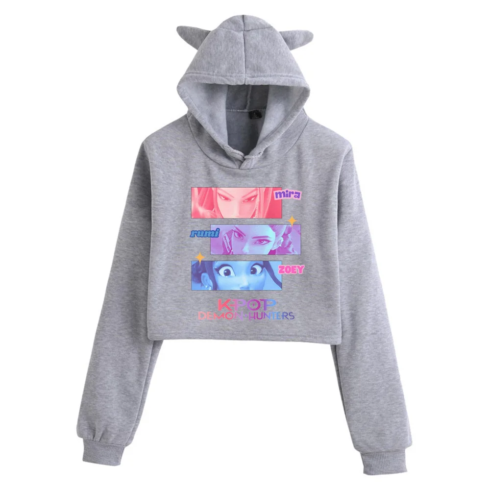 KPop デーモンハンターファンマーチミラルミゾーイ Huntrix クロップトップス猫耳トレーナー長袖ガールズファッションパーカー