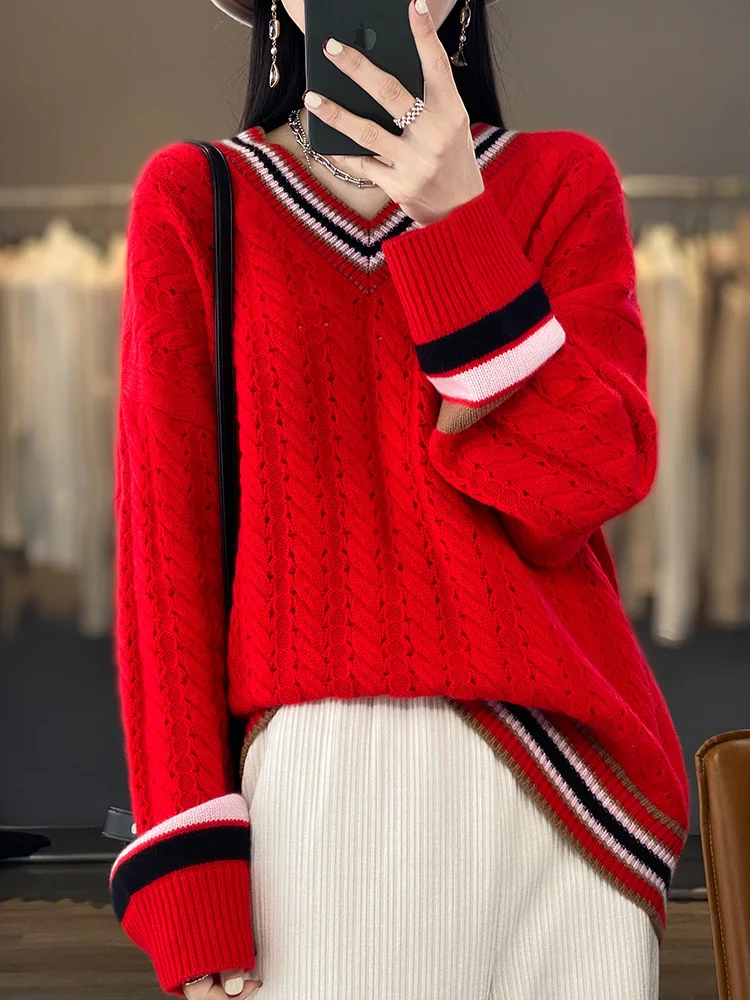 Addonee Women V-neck Sweater Preppy Style Loose Pullover Autumn Winter 100% Merino Wool Hollow Long Sleeve Cashmere Knitwear Top