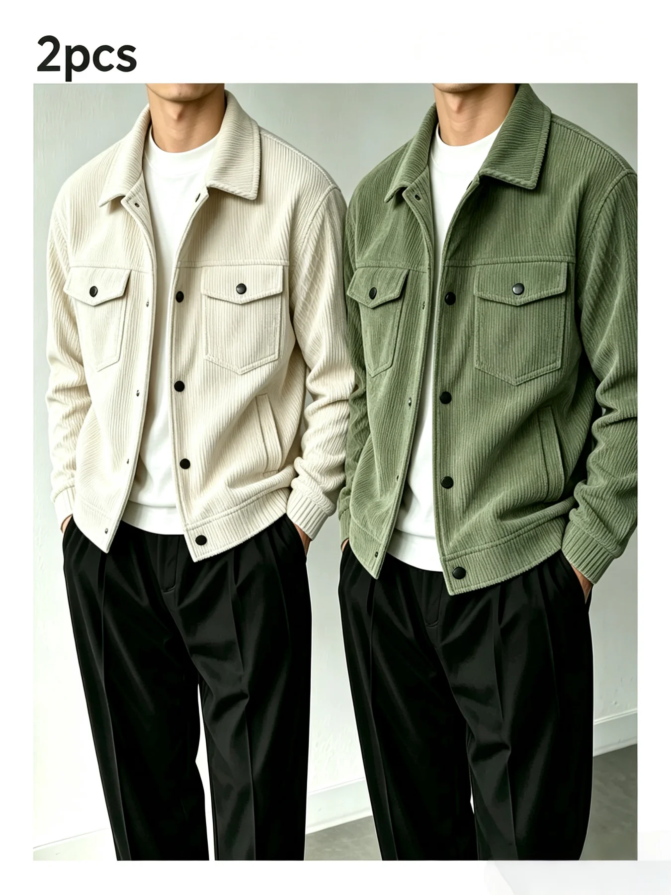 2Pcs Men Corduroy Lapel Jacket Set Button Down Casual Trucker Coat With Flap Pockets Autumn Winter Long Sleeve Outerwear