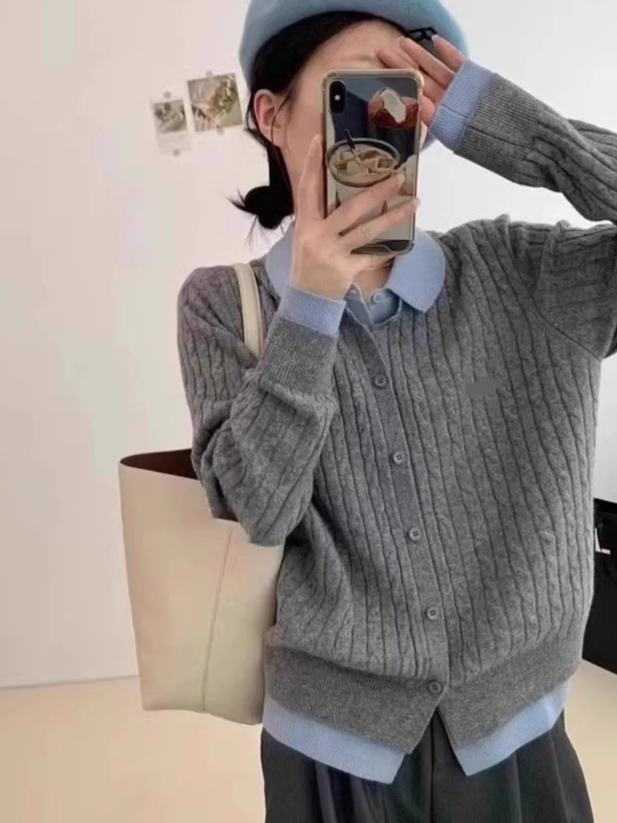 

Gray Neck Short Knitted Sweater Women Spring Autumn Inner Wear Layering Fake Two-Piece Base Shirt Korean Style Long Sleeve