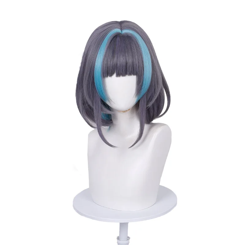 Game Azur Lane HMS Cheshire Cosplay Wig Short Grey Mixed Blue Heat Resistant Synthetic Hair for Halloween Role Play + Free Cap view 5