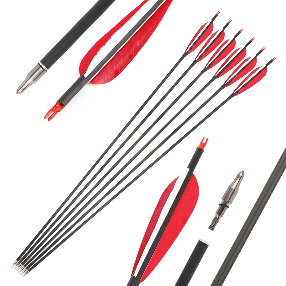 

37-дюймовая стрела из чистого карбона, жесткость 500/600, для стрельбы из лука, с наконечником ID6мм, 5-дюймовое оперение, для стрельбы из лука и охоты