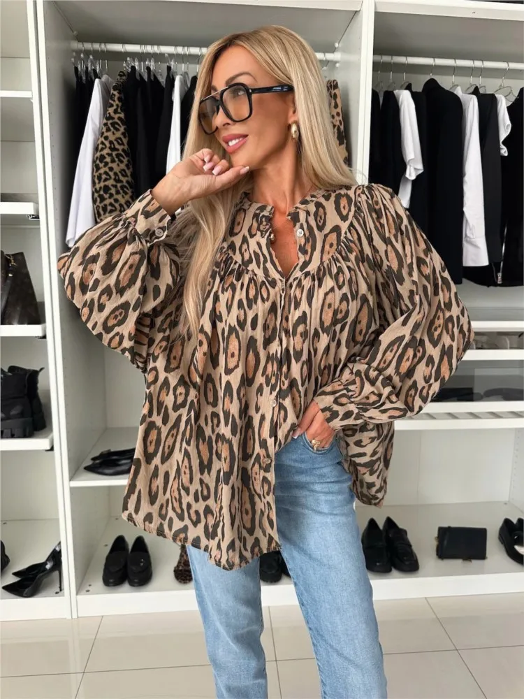 New Autumn Leopard Print Loose Long-sleeved Shirt Fashion Elegant Casual Top Office Holiday Casual Blouses Womens Clothing