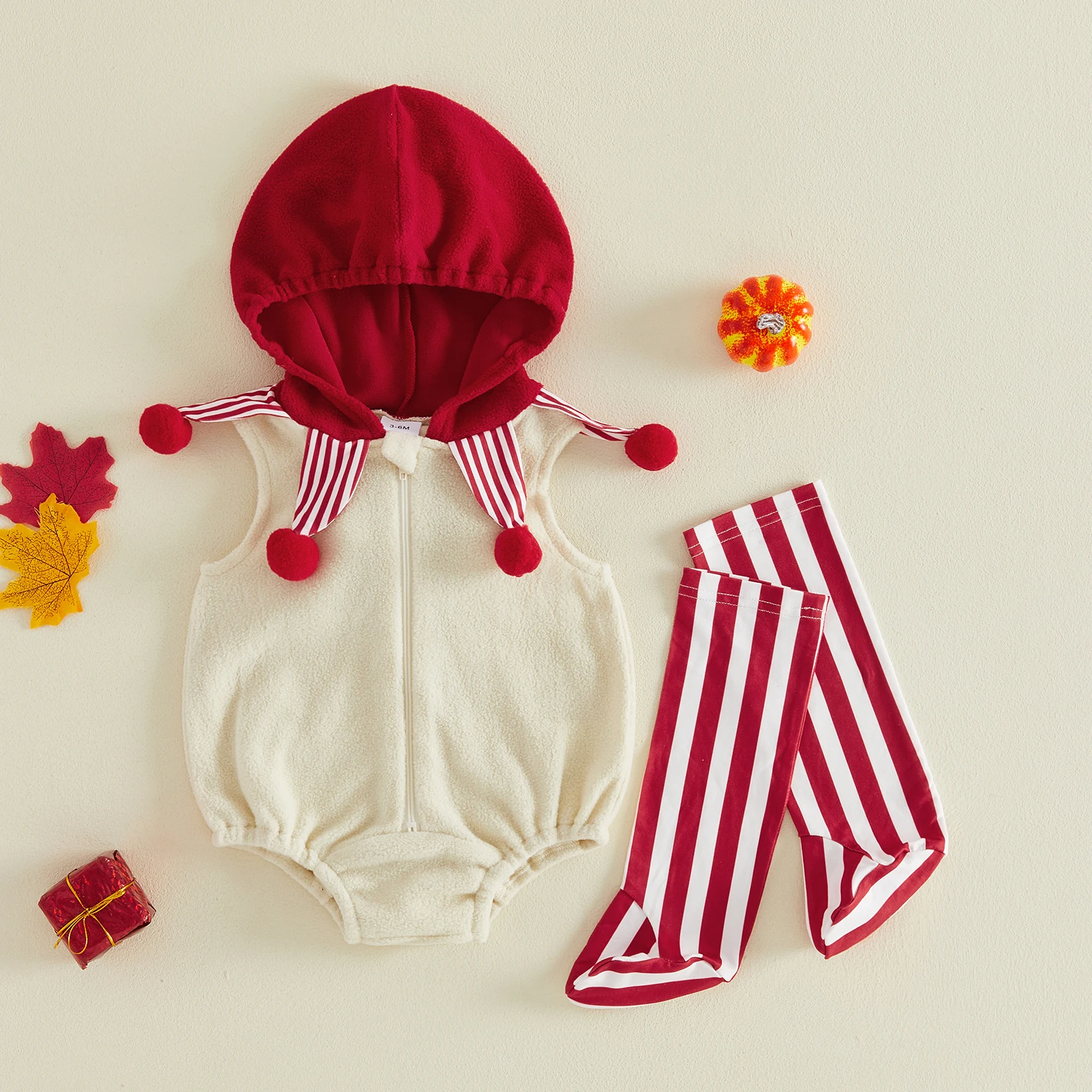 0-24M Infant Baby Boy Girl Clown Costume Sleeveless Hooded Romper and Striped Socks Set Halloween Outfits
