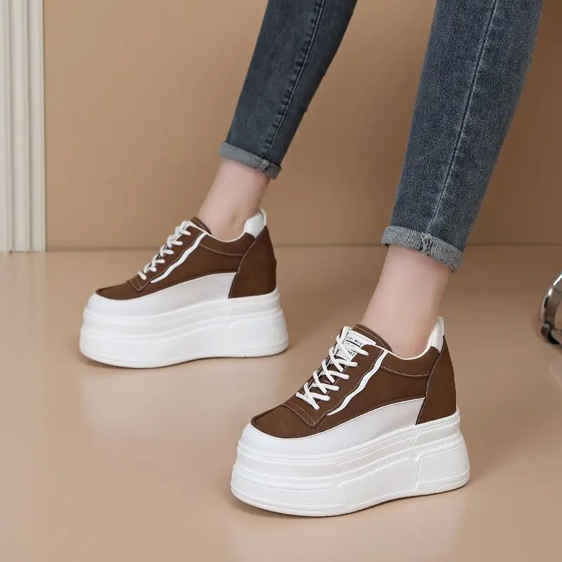 

10cm 12CM Synthetic Genuine Leather White Luxury Designer Sneaker Women Autumn Spring Cowboy Platform Wedge High Brand Shoes