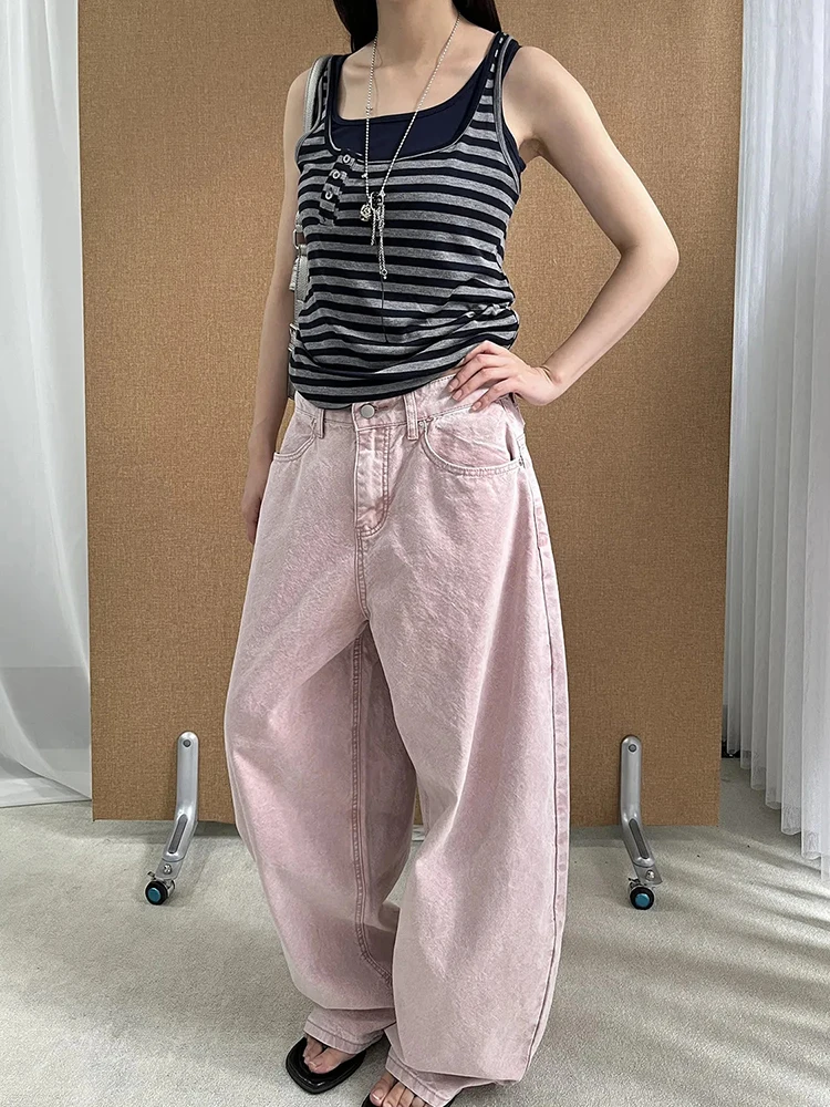 REDDACHiC Buckle‑back Barrel Jeans Women Cute Pink Solid Vintage Wash Loose Fit Low Waist Denim Baggy Pants Trendy Streetwear