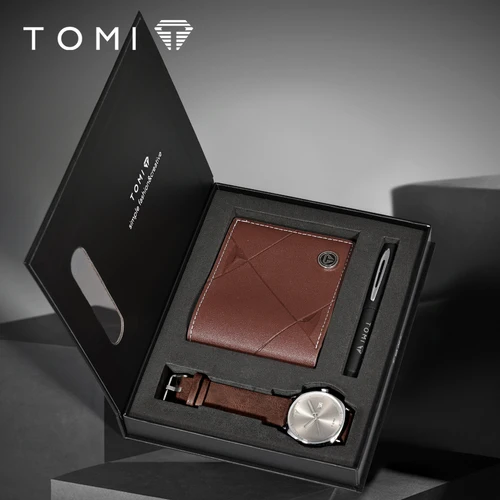 TOMI, 3 uds., Reloj sencillo de negocios para hombres, cartera, conjunto con caja de regalo, Reloj de cuarzo clásico versátil de alta calidad para hombres, Reloj para regalos