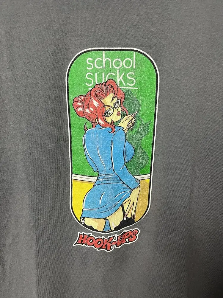 Vintage Hook Ups Shirt Anime School Sucks Skateboarding 90s Mens XL Faded