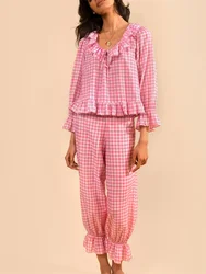 Women Y2k Plaid Pajamas Set Long Sleeve Ruffle Hem Babydoll Shirt Gingham Bell Pants 2 Piece Lounge Set